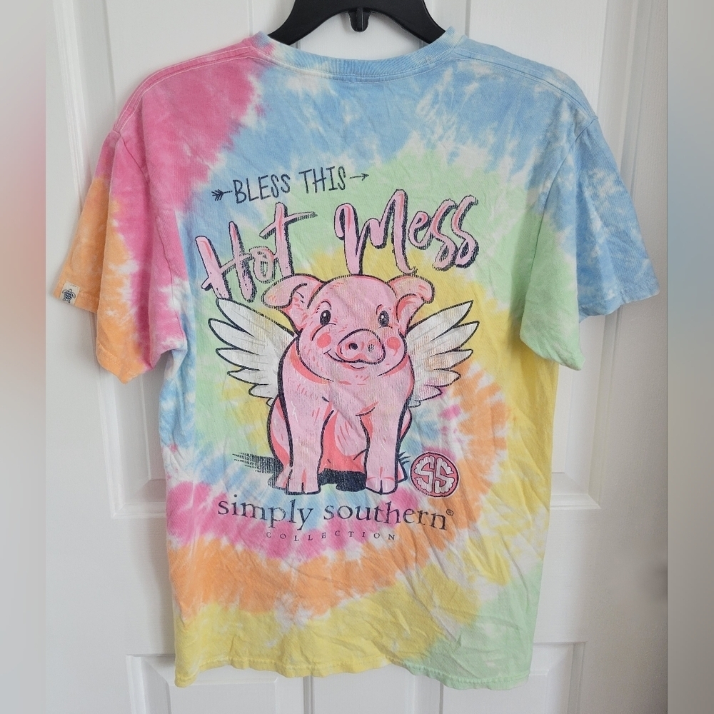 Simply Southern Tie Dye Bless This Hot Mess Pig Farm Short Sleeve Tee Size M